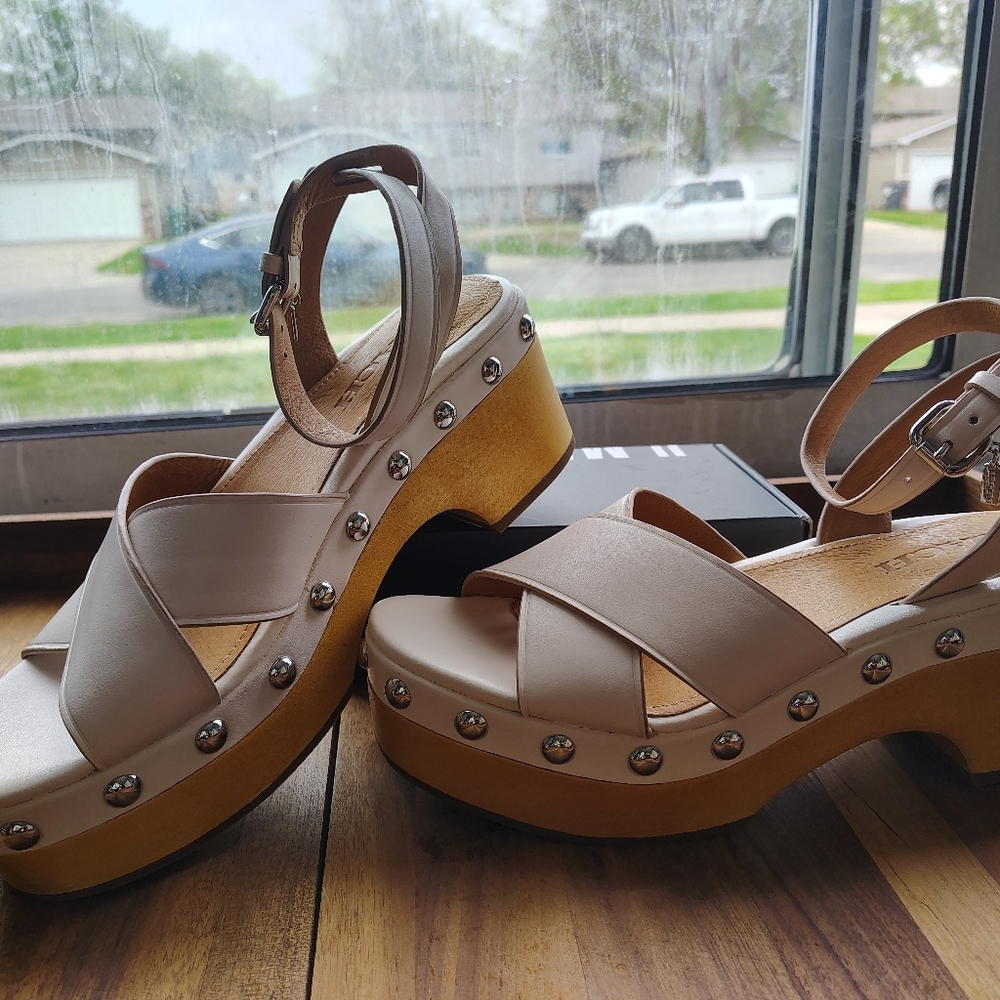 Coach Cream Leather Crisscross Wedge Sandals with Tan Ankle Straps - Picture 3 of 4